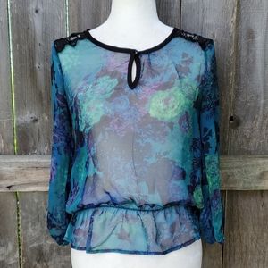 Lily Rose Sheer Peplum Floral Top Medium Blue